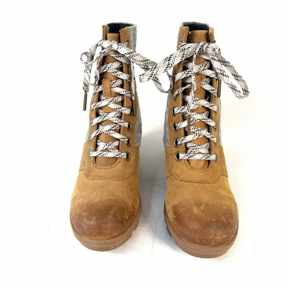 Sorel Lexie Wedge Boots Wool Felt Camel Leather NL3376-224 Women's Size 8.5